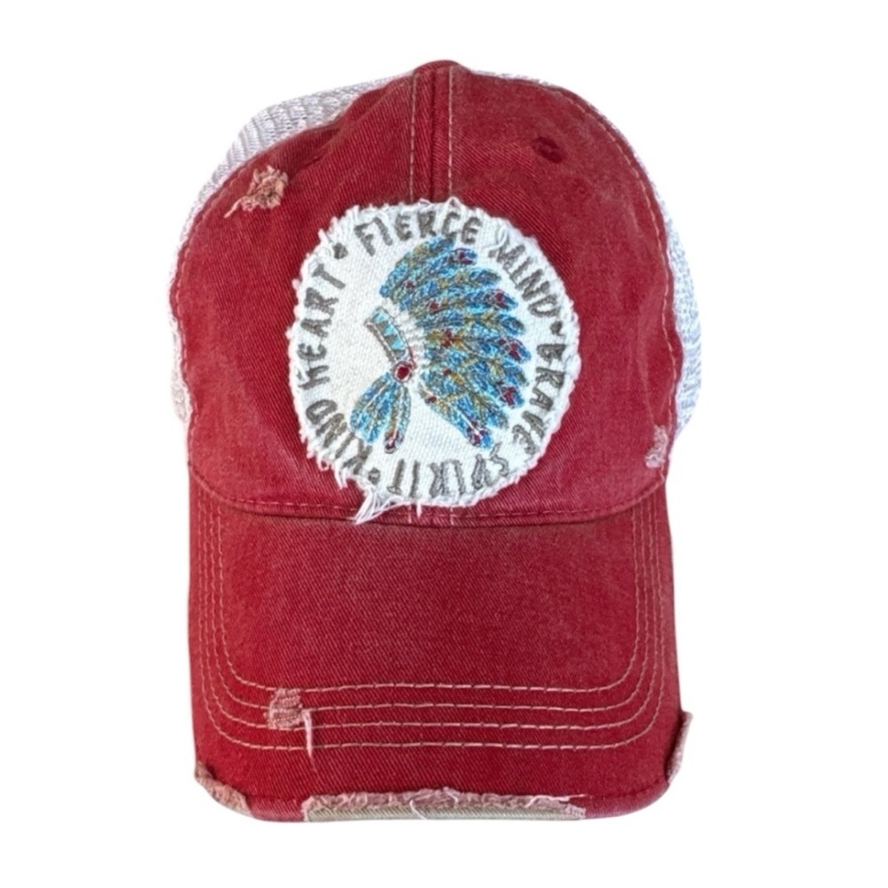 Women’s Distressed Red Baseball Hat — Fierce Mind, Brave Spirit, Kind Heart